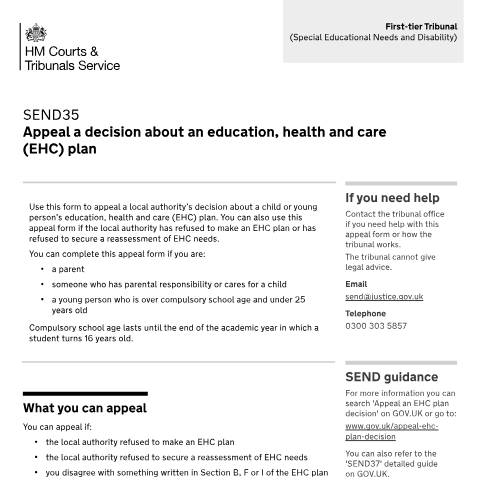 Document preview: Special Educational Needs and Disability Tribunal appeal: Form SEND35 — HM Courts & Tribunals Service, United Kingdom