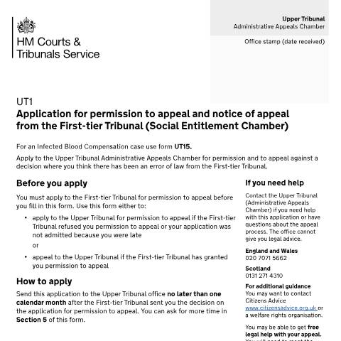 Document preview: Appeal a First-tier Tribunal (Social Entitlement Chamber) decision: Form UT1 — HM Courts & Tribunals Service, United Kingdom