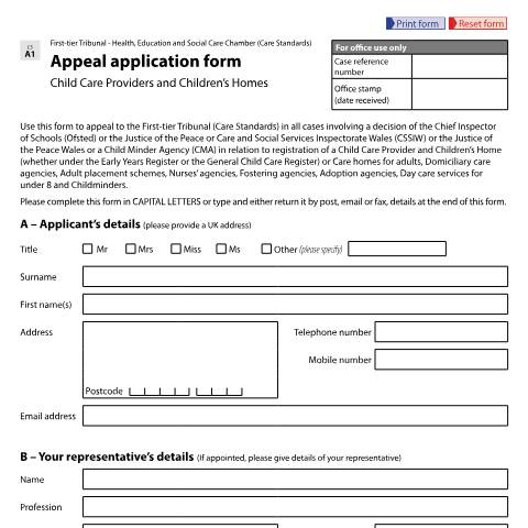 Document preview: Appeal application in relation to child care providers and children's homes: Form CS A1 — HM Courts & Tribunals Service, United Kingdom
