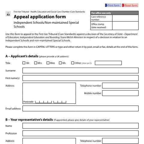 Document preview: Appeal application in relation to independent schools and non-maintained special schools: Form CS A3 — HM Courts & Tribunals Service, United Kingdom