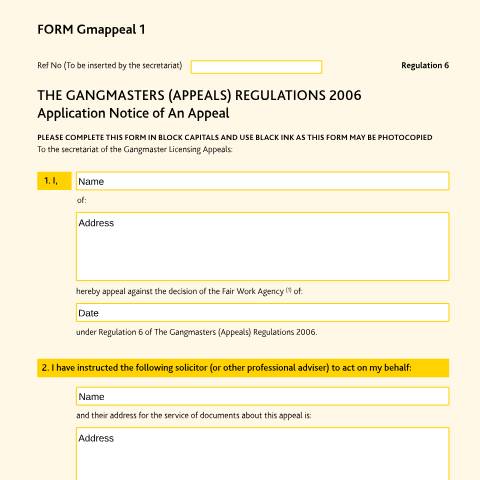 Document preview: Appeal to the tribunal about a decision on a full or provisional gangmaster's licence: Form GMappeal1 — HM Courts & Tribunals Service, United Kingdom