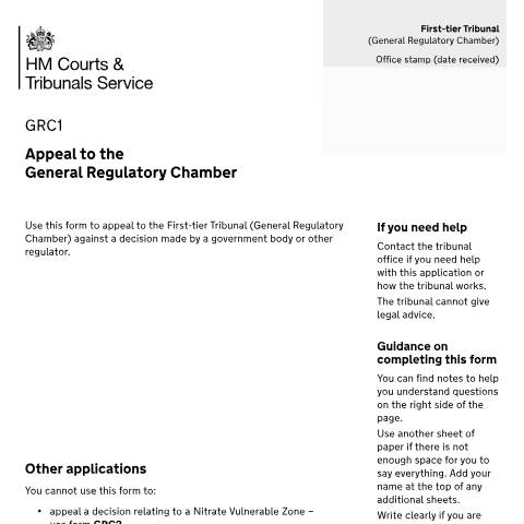 Document preview: Appeal to the General Regulatory Chamber: Form GRC1 — HM Courts & Tribunals Service, United Kingdom