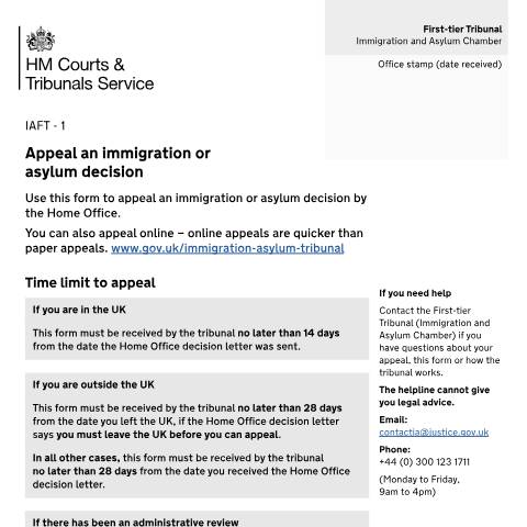 Document preview: Appeal an immigration or asylum decision: Form IAFT-1 — HM Courts & Tribunals Service, United Kingdom