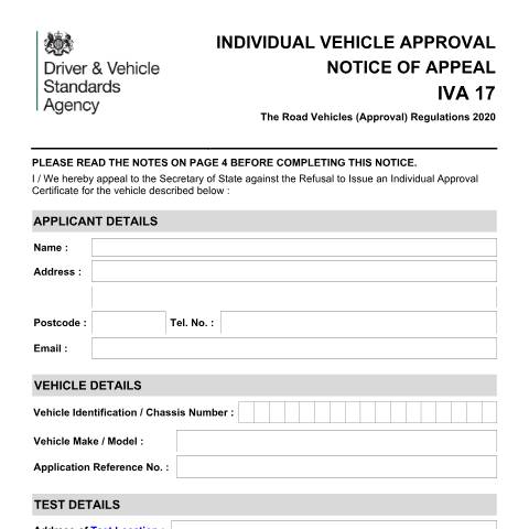 Document preview: Appeal an Individual Vehicle Approval (IVA) decision — Driver and Vehicle Standards Agency, United Kingdom