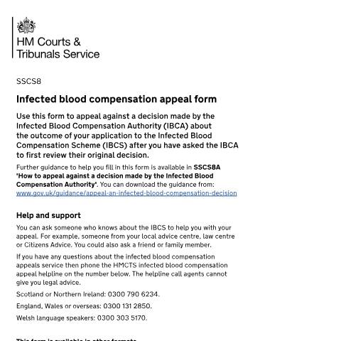 Document preview: Appeal an infected blood compensation decision by post: Form SSCS8 — HM Courts & Tribunals Service, United Kingdom
