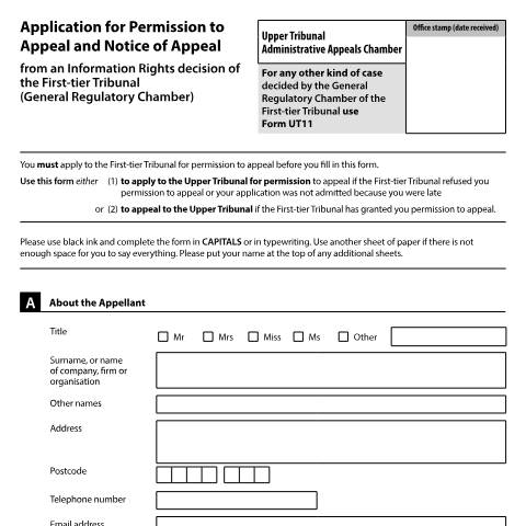 Document preview: Appeal an information rights decision made by the First-tier Tribunal (General Regulatory Chamber): Form UT13 — HM Courts & Tribunals Service, United Kingdom