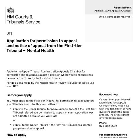 Document preview: Appeal a First-tier Tribunal (Mental Health) decision: Form UT3 — HM Courts & Tribunals Service, United Kingdom
