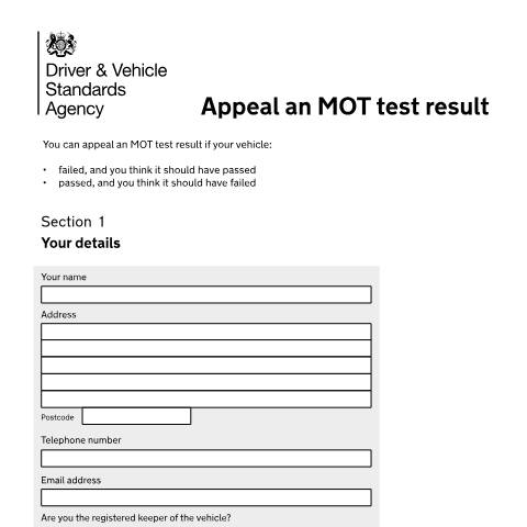 Document preview: Appeal an MOT test result — Driver and Vehicle Standards Agency, United Kingdom