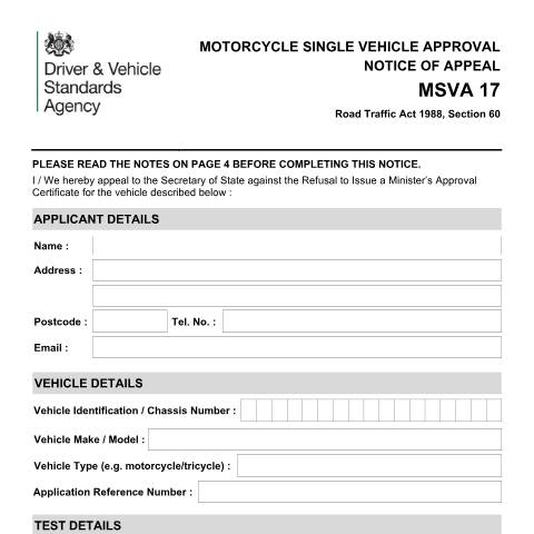 Document preview: Appeal a Motorcycle Single Vehicle Approval (MSVA) decision — Driver and Vehicle Standards Agency, United Kingdom