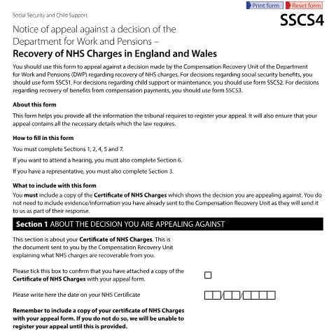 Document preview: Notice of Appeal against a decision of the Department for Work and Pensions - Recovery of NHS Charges: Form SSCS4 — HM Courts & Tribunals Service, United Kingdom