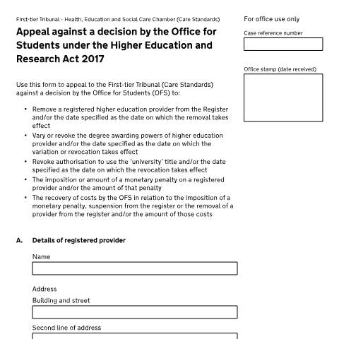 Document preview: Form CSTOF1: Appeal a decision by the Office for Students under the Higher Education and Research Act 2017 — HM Courts & Tribunals Service, United Kingdom