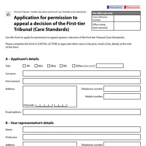 Document preview: Application for permission to appeal a decision of the First-tier Tribunal (Care Standards): Form CS P1 — HM Courts & Tribunals Service, United Kingdom
