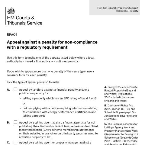 Document preview: Appeal against a property regulation penalty: Form RPA01 — HM Courts & Tribunals Service, United Kingdom
