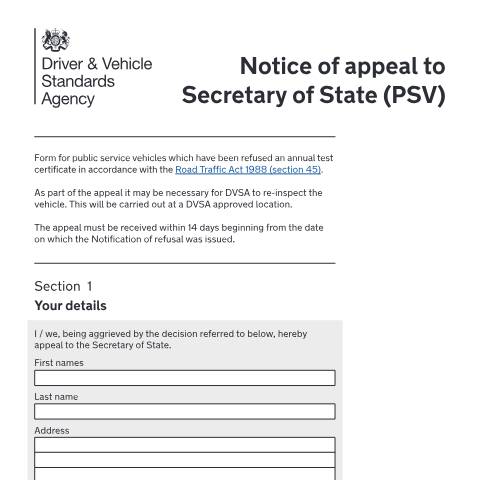 Document preview: Appeal a public service vehicle (PSV) annual test decision — Driver and Vehicle Standards Agency, United Kingdom
