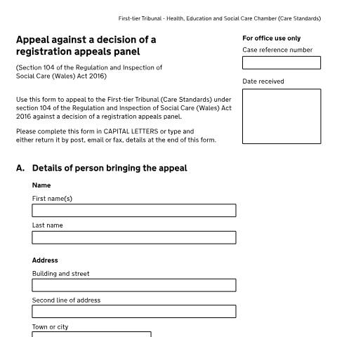 Document preview: Form CSW5: Appeal against a decision of a registration appeals panel — HM Courts & Tribunals Service, United Kingdom