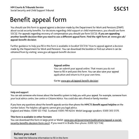 Document preview: Appeal a social security benefits decision (Notice of appeal): Form SSCS1 — HM Courts & Tribunals Service, United Kingdom