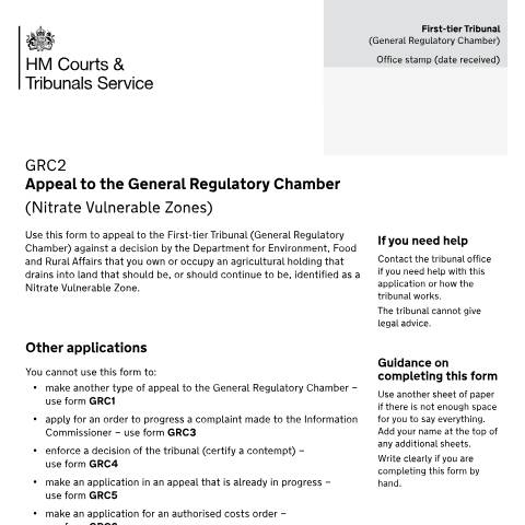 Document preview: Appeal to the General Regulatory Chamber about a nitrate vulnerable zone: Form GRC2 — HM Courts & Tribunals Service, United Kingdom