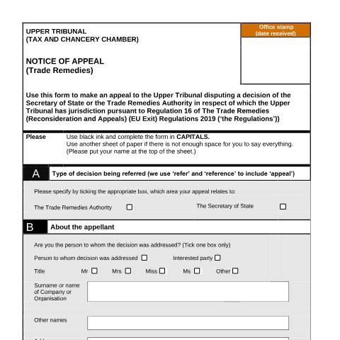 Document preview: Appeal a trade remedies decision: Form FTC5 — HM Courts & Tribunals Service, United Kingdom