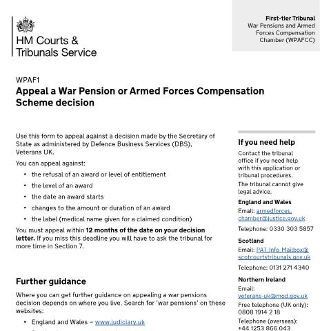 Document preview: Appeal a War Pension or Armed Forces Compensation Scheme decision: Form WPAF1 — HM Courts & Tribunals Service, United Kingdom
