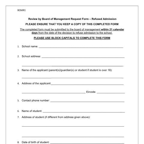 Document preview: Appeals in relation to refusal to admit a student due to a school being oversubscribed — review by board of management request form — Department of Education, Ireland