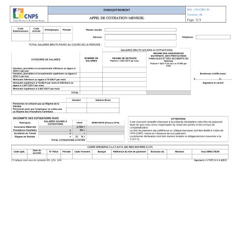 Aperçu du document APPEL DE COTISATION MENSUEL (version 04) — Document CNPS (prévoyance sociale), Côte d'Ivoire