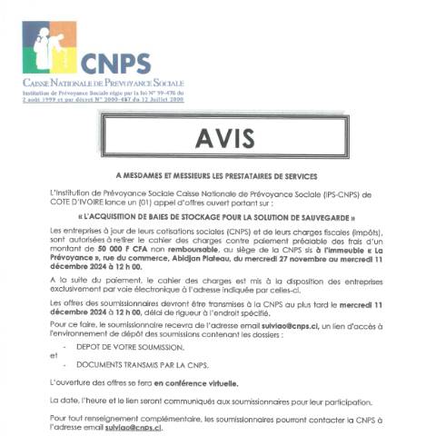 Aperçu du document APPEL D’OFFRE POUR L’ACQUISITION DE BAIES DE STOCKAGE POUR LA SOLUTION DE SAUVEGARDE — Document CNPS (prévoyance sociale), Côte d'Ivoire