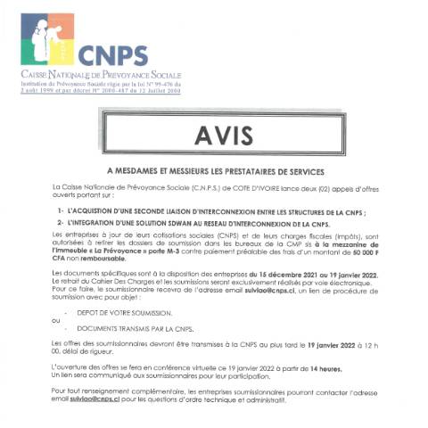 Aperçu du document APPEL D’OFFRE POUR ACQUISITION D’UNE SECONDE LIAISON D’INTERCONNEXION ET L’INTEGRATION D’UNE SOLUTION SDWAN — Document CNPS (prévoyance sociale), Côte d'Ivoire