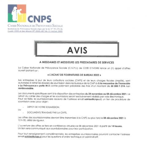 Aperçu du document APPEL D’OFFRE ACHAT DE FOURNITURES DE BUREAU 2022 — Document CNPS (prévoyance sociale), Côte d'Ivoire