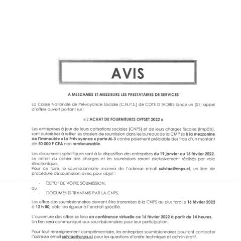 Aperçu du document APPEL D’OFFRE ACHAT DE FOURNITURES OFFSET 2022 — Document CNPS (prévoyance sociale), Côte d'Ivoire