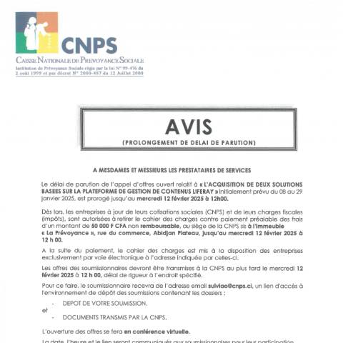 Aperçu du document APPEL D’OFFRE POUR L’ACQUISITION DE DEUX SOLUTIONS BASEES SUR LA PLATEFORME DE GESTION DE CONTENUS LIFERAY — Document CNPS (prévoyance sociale), Côte d'Ivoire