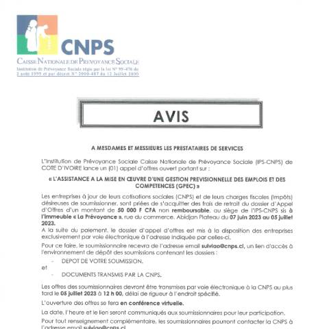 Aperçu du document APPEL D’OFFRE POUR L’ASSISTANCE A LA MISE EN ŒUVRE D’UNE GESTION PREVISIONNELLE DES EMPLOIS ET DES COMPETENCES (GPEC) — Document CNPS (prévoyance sociale), Côte d'Ivoire