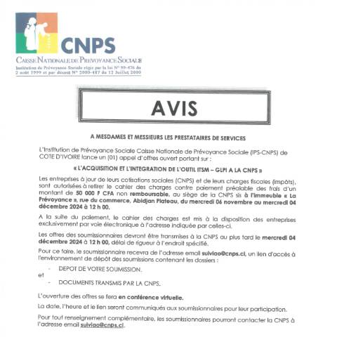 Aperçu du document APPEL D’OFFRE POUR L’ACQUISITION ET L’INTEGRATION DE L’OUTIL ITSM – GLPI A LA CNPS — Document CNPS (prévoyance sociale), Côte d'Ivoire