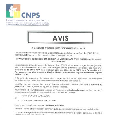 Aperçu du document APPEL D’OFFRE POUR L’ACQUISITION DE LICENCES ERP ODOO ET LA MISE EN PLACE D’UNE PLATEFORME EN HAUTE DISPONIBILITE — Document CNPS (prévoyance sociale), Côte d'Ivoire