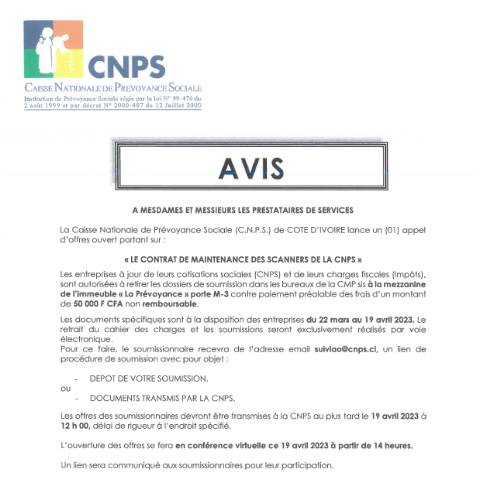 Aperçu du document APPEL D’OFFRE POUR UN CONTRAT DE MAINTENANCE DES SCANNERS DE LA CNPS — Document CNPS (prévoyance sociale), Côte d'Ivoire