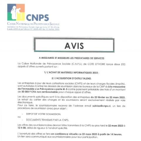 Aperçu du document APPELS D’OFFRE POUR ACHAT DE MATERIELS INFORMATIQUES 2023 ET ACQUISITION D’OUTILS TALEND 2023 — Document CNPS (prévoyance sociale), Côte d'Ivoire