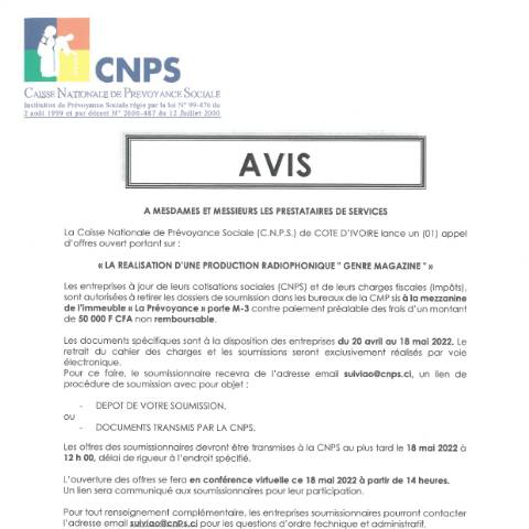 Aperçu du document APPEL D’OFFRE POUR LA REALISATION D’UNE PRODUCTION RADIOPHONIQUE GENRE MAGAZINE — Document CNPS (prévoyance sociale), Côte d'Ivoire