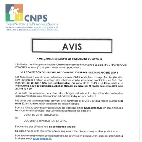 Aperçu du document APPEL D’OFFRE POUR LA CONFECTION DE SUPPORTS DE COMMUNICATION HORS MEDIA (GADGETS) 2027 — Document CNPS (prévoyance sociale), Côte d'Ivoire