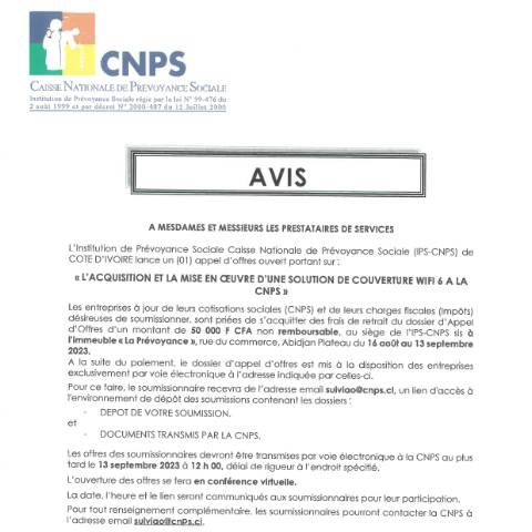 Aperçu du document APPEL D’OFFRE POUR L’ACQUISITION ET LA MISE EN ŒUVRE D’UNE SOLUTION DE COUVERTURE WIFI 6 A LA CNPS — Document CNPS (prévoyance sociale), Côte d'Ivoire