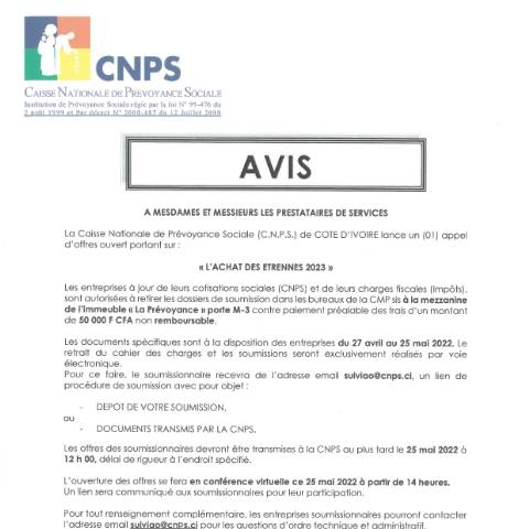 Aperçu du document APPEL D’OFFRE POUR ACHAT DES ETRENNES 2023 — Document CNPS (prévoyance sociale), Côte d'Ivoire