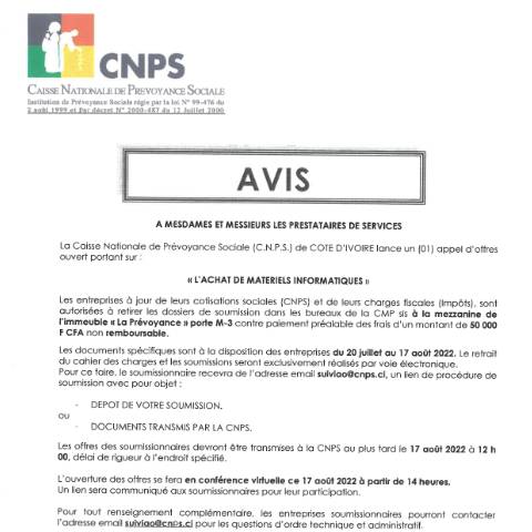 Aperçu du document APPEL D’OFFRE POUR ACHAT DE MATERIELS INFORMATIQUES — Document CNPS (prévoyance sociale), Côte d'Ivoire