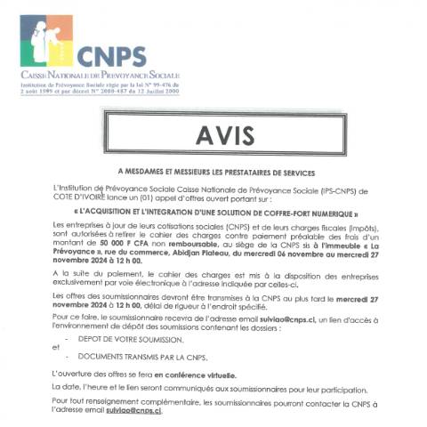 Aperçu du document APPEL D’OFFRE POUR L’ACQUISITION ET L’INTEGRATION D’UNE SOLUTION DE COFFRE-FORT — Document CNPS (prévoyance sociale), Côte d'Ivoire