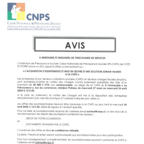 Aperçu du document APPEL D’OFFRE POUR L’AQUISITION D’EQUIPEMENTS ET MISE EN OEUVRE D’UNE SOLUTION SDWAN HUAWEI — Document CNPS (prévoyance sociale), Côte d'Ivoire