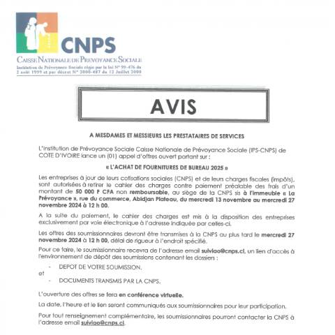 Aperçu du document APPEL D’OFFRE POUR L’ACHAT DE FOURNITURES DE BUREAU 2025 — Document CNPS (prévoyance sociale), Côte d'Ivoire