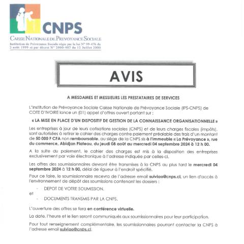 Aperçu du document APPEL D’OFFRE POUR LA MISE EN PLACE D’UN DISPOSITIF DE GESTION DE LA CONNAISSANCE ORGANISATIONNELLE — Document CNPS (prévoyance sociale), Côte d'Ivoire