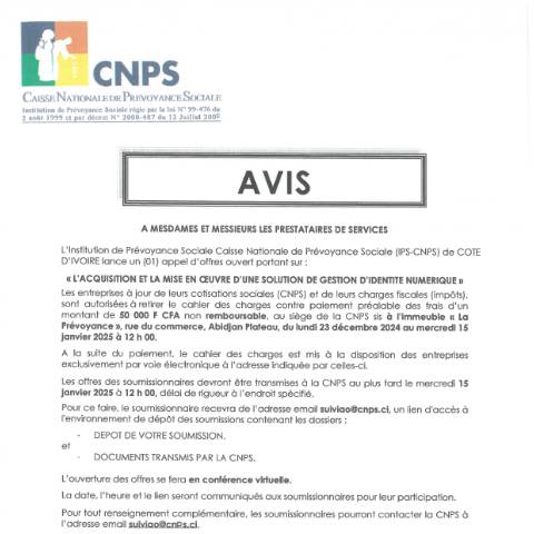 Aperçu du document APPEL D’OFFRE POUR L’ACQUISITION ET LA MISE EN ŒUVRE D’UNE SOLUTION DE GESTION D’IDENTITE NUMERIQUE — Document CNPS (prévoyance sociale), Côte d'Ivoire