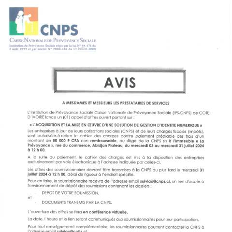 Aperçu du document APPEL D’OFFRE POUR L’ACQUISITION ET LA MISE EN ŒUVRE D’UNE SOLUTION DE GESTION D’IDENTITE NUMERIQUE — Document CNPS (prévoyance sociale), Côte d'Ivoire