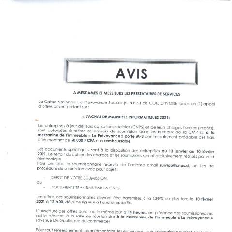 Aperçu du document APPEL D’OFFRE POUR ACHAT DE MATERIEL INFORMATIQUE DU 13 JANVIER AU 10 FEVRIER 2021 — Document CNPS (prévoyance sociale), Côte d'Ivoire
