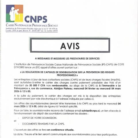 Aperçu du document APPEL D’OFFRE POUR LA REALISATION DE CAPSULES DE SENSIBILISATION SUR LA PREVENTION DES RISQUES PROFESSIONNELS — Document CNPS (prévoyance sociale), Côte d'Ivoire