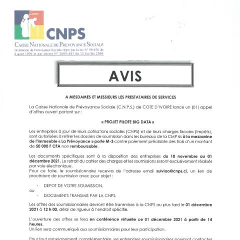 Aperçu du document APPEL D’OFFRE PROJET PILOTE BIG DATA — Document CNPS (prévoyance sociale), Côte d'Ivoire