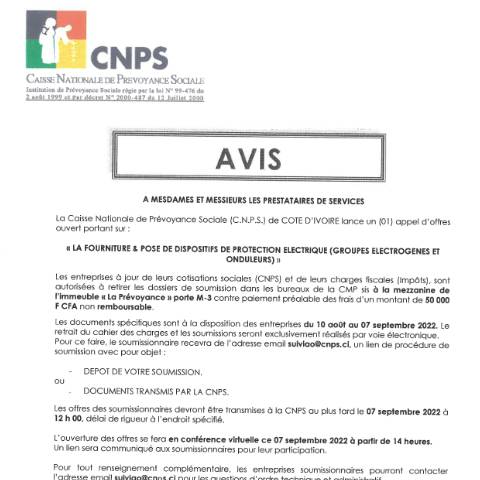 Aperçu du document APPEL D’OFFRE LA FOURNITURE & POSE DE DISPOSITIFS DE PROTECTION ELECTRIQUE (GROUPES ELECTROGENES ET ONDULEURS) — Document CNPS (prévoyance sociale), Côte d'Ivoire